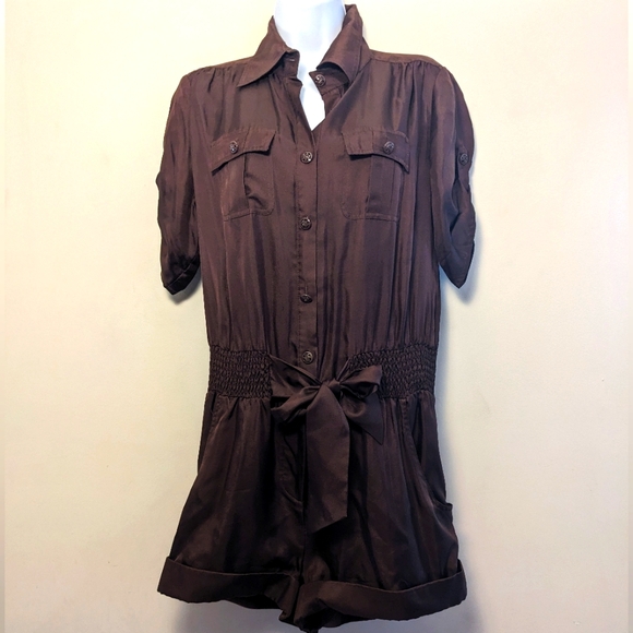 bebe Brown Silk Romper Large - Picture 1 of 5
